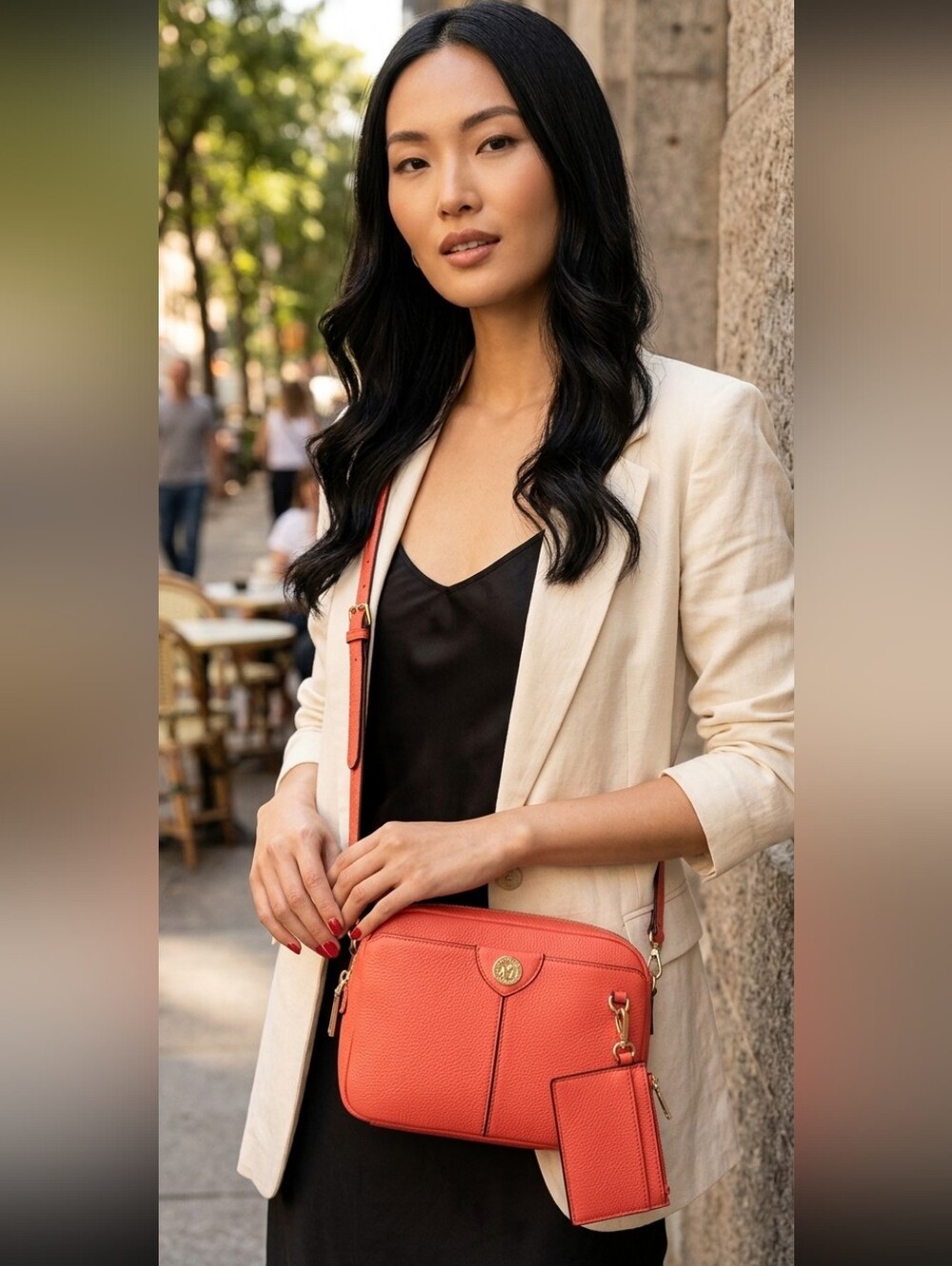 Anne Klein Coral Pebbled Leather Crossbody Bag with Gold Hardware